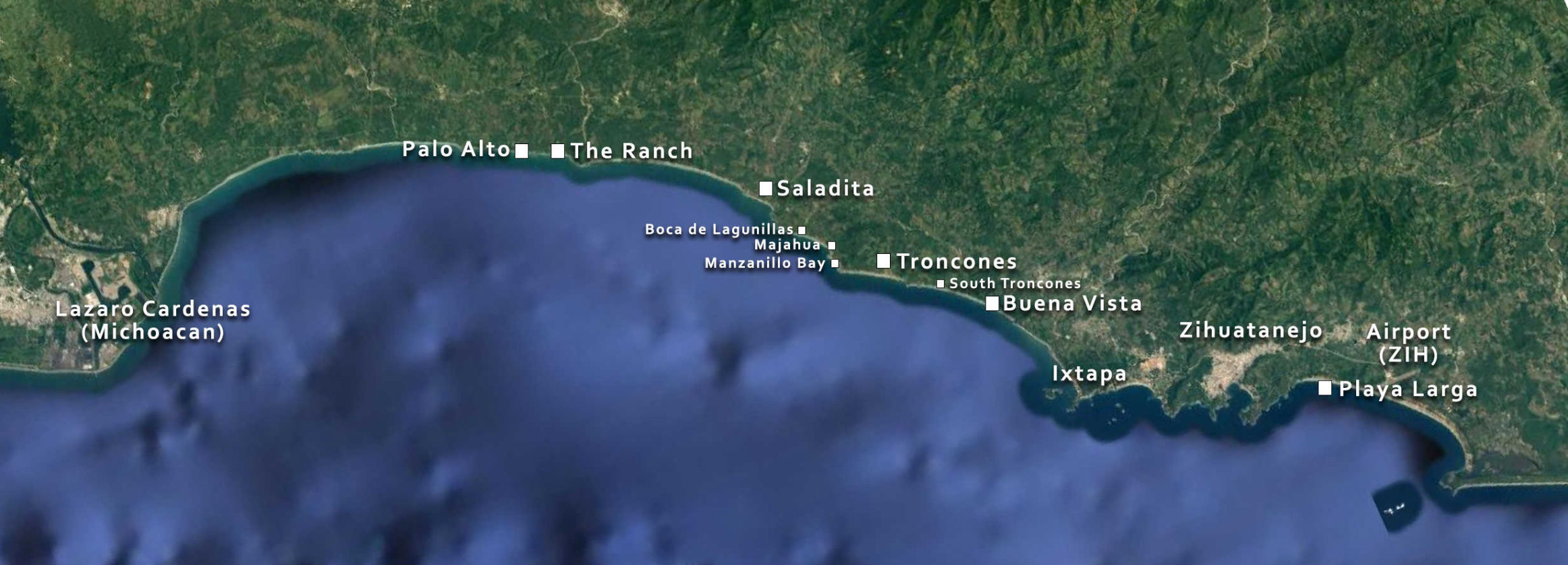 Illustrated regional map showing Troncones, Saladita, Buena Vista, Ixtapa and Zihuatanejo